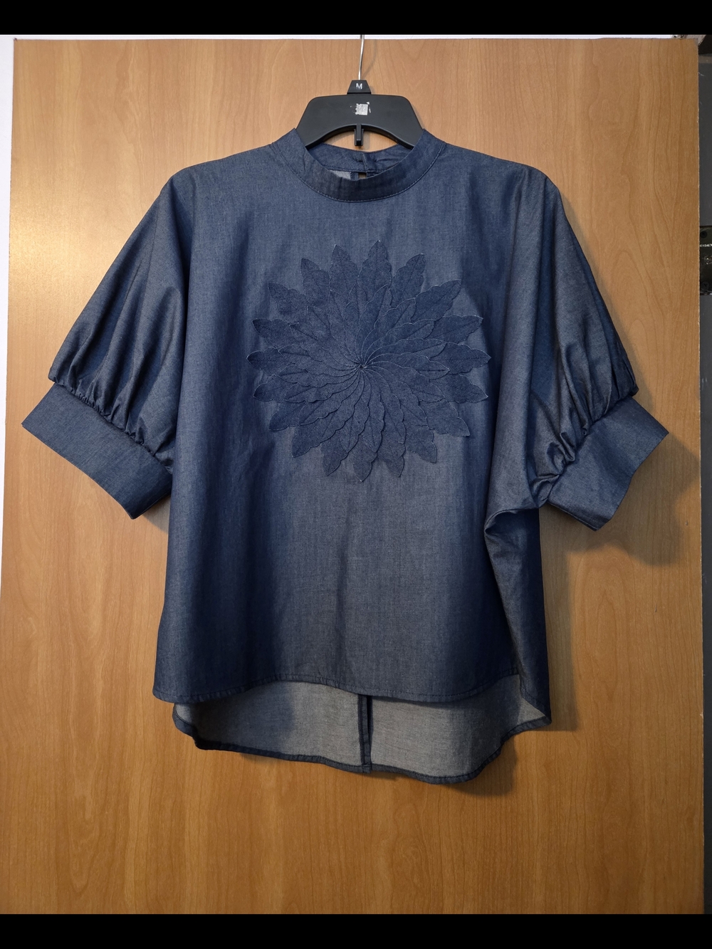 CQ by CQ Denim-Effect Embroidered Puff-Sleeve Blouse - Navy Size S Summer - Picture 2 of 7